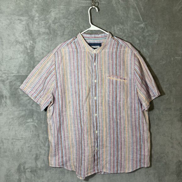 32 Bar Blues Shirt Mens XL Blue Multicolor Stripe Linen Button Down Short Sleeve - Picture 1 of 8